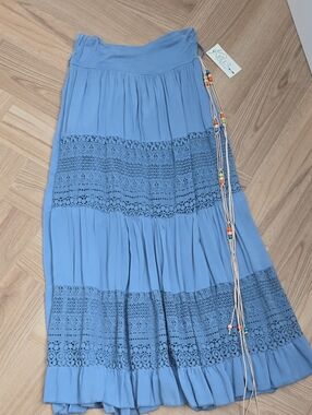 Moda Light Blue Crochet Tiered Maxi Skirt Small NO TAG